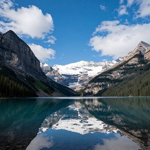 Photograph of a serene mountain landscape with snow-capped peaks, clear blue sky, fluffy white clouds, and a calm, reflective lake.