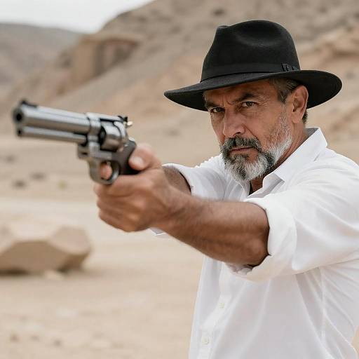 Middle-aged man aiming revolver in desert