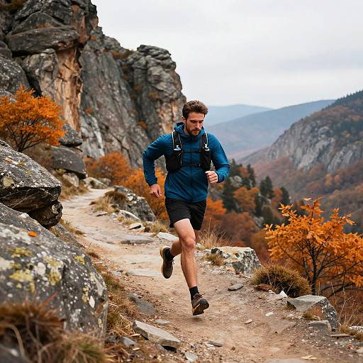Jogger on Rugged Autumn Mountain Trail