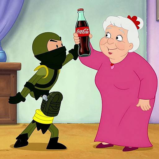 Cartoon of a masked soldier in green and black, offering a Coca-Cola bottle to a pink-robed elderly woman with white hair in a red bow