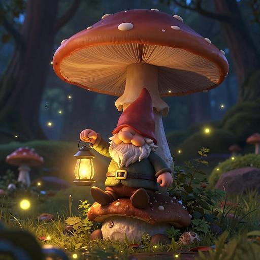 Beardless Gnome on Toadstool at Twilight