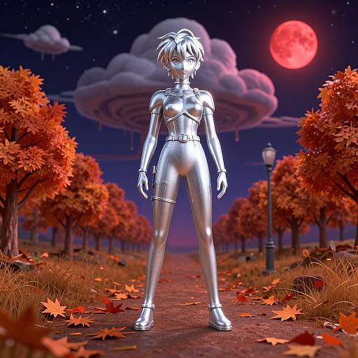 CGI image of a shiny silver humanoid figure with short white hair, standing in an autumn forest path under a red moonlit sky.