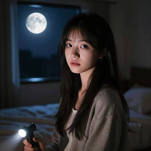 Moonlit Girl in Dark Room