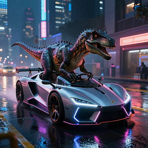 Photorealistic CGI: Neon-lit urban night, rainy street, futuristic silver sports car with glowing blue accents, detailed T-Rex dinosaur driving aggressively