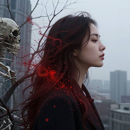 Photorealistic digital art of a pale, dark-haired woman in profile, with red blood splatter, skull on left, urban cityscape background.