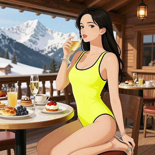 Digital anime-style drawing of a black-haired woman in a yellow one-piece swimsuit, sipping champagne at a mountain lodge table.
