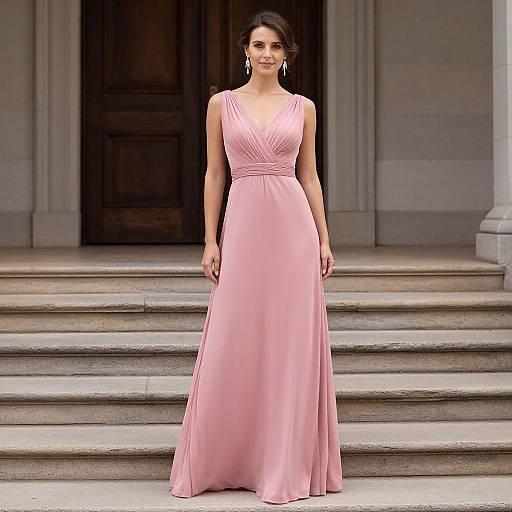 Photograph of a smiling woman with dark hair in an elegant pink, sleeveless, V-neck evening gown, standing on stone steps in front of a