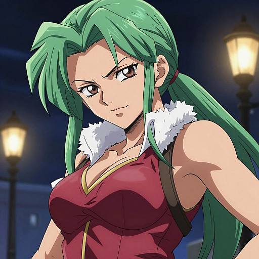Digital anime-style illustration of a green-haired woman with large breasts, wearing a red fur-trimmed top, standing confidently at night under street lamps.