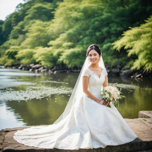 Smiling bride in white wedding dress by lake