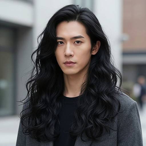 Photograph of an East Asian man with long, wavy black hair, wearing a grey blazer over a black shirt, standing outdoors with a blurred