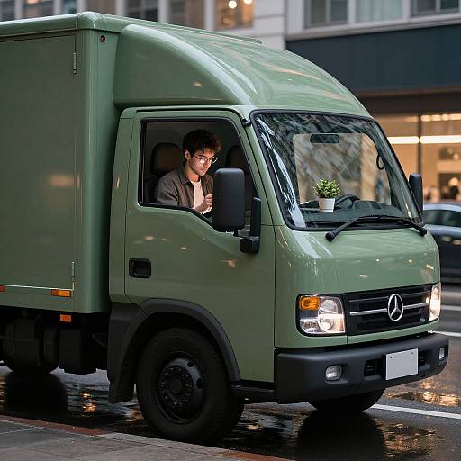 Modern Green Truck in City Night