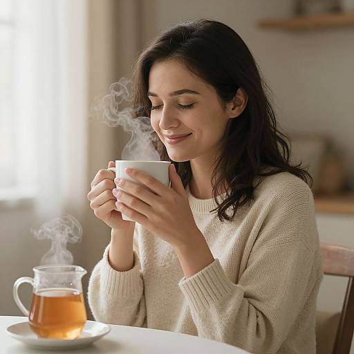 Photograph of a smiling woman with long dark hair, wearing a beige sweater, holding a steaming white cup, sitting at a table with a glass