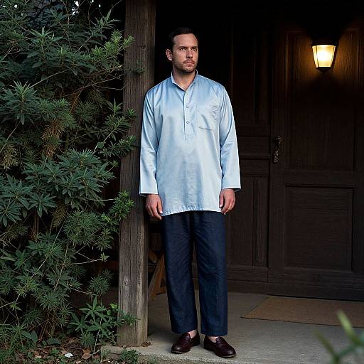 Photograph of a serious-bearded man in a silver long-sleeve shirt and black pants, standing in a dark wooden doorway, next to a