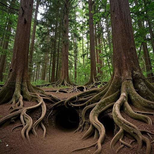 Photograph of a dense forest with towering redwood trees, showcasing their large, intricate, and gnarled roots spreading across the forest floor. Sun
