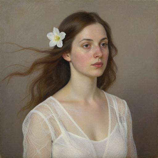 Photorealistic painting of a fair-skinned woman with brown hair, a white flower in her hair, wearing a sheer white lace dress, against a