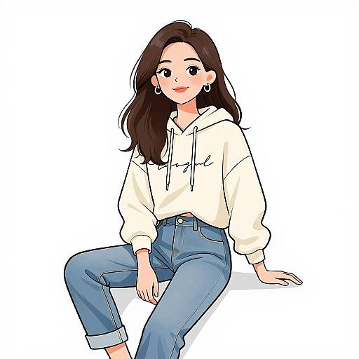 Digital anime-style drawing of a cute young woman with long brown hair, wearing a white hoodie and blue jeans, sitting against a white background.