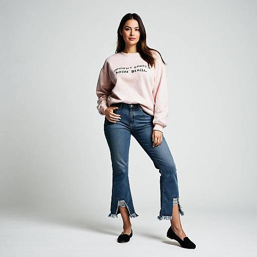 Stylish Woman in Pink Sweatshirt and Frayed Jeans