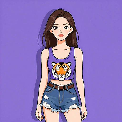 Digital anime-style drawing of a young woman with long brown hair, wearing a purple tank top with a tiger face, and blue denim shorts, against a