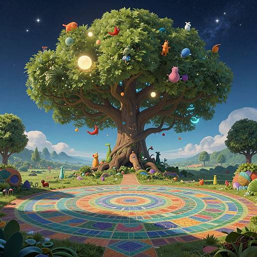Whimsical digital illustration of a giant tree adorned with colorful creatures, glowing lights, and a vibrant, concentric circular pattern on the grass.