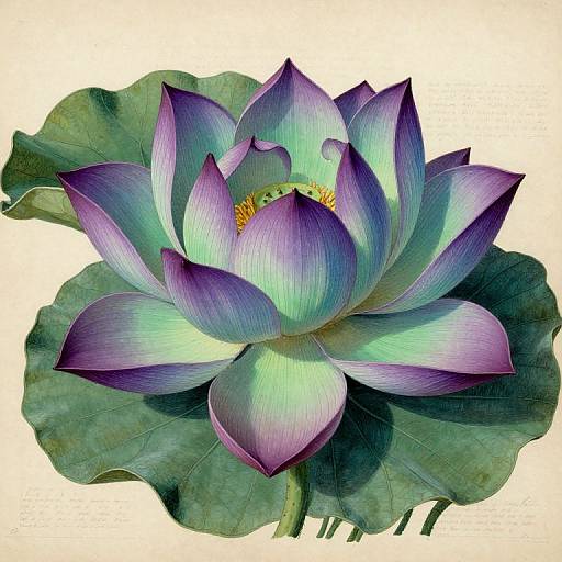 Digital illustration of a vibrant purple and green lotus flower with detailed petals and yellow stamens, surrounded by green leaves on a beige background.