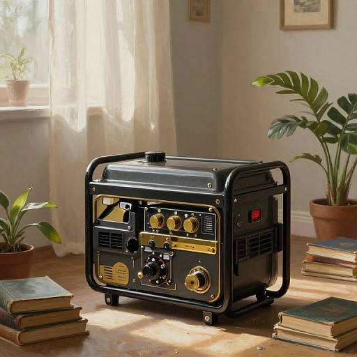Photograph of a vintage black and gold portable radio on a wooden floor, surrounded by potted plants and stacked books in a sunlit room with white
