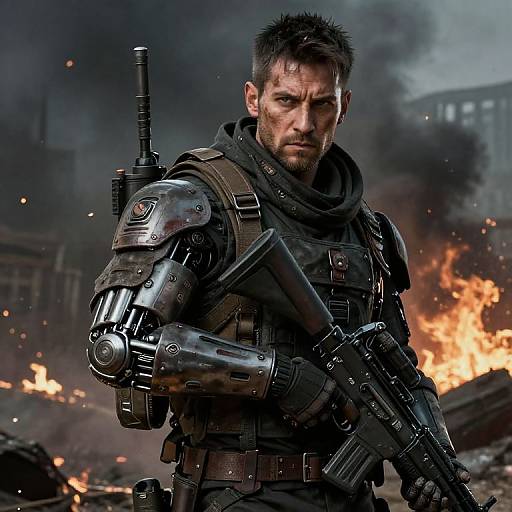 Photorealistic CGI of a grim, muscular man with cybernetic arm, holding a gun, amidst intense urban warfare with burning buildings and smoke.