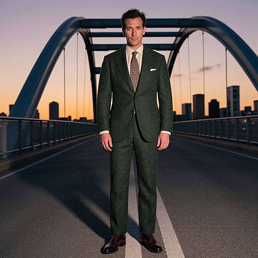 Photograph of a handsome man in a dark suit, white shirt, and patterned tie, standing on a bridge at sunset, city skyline in the