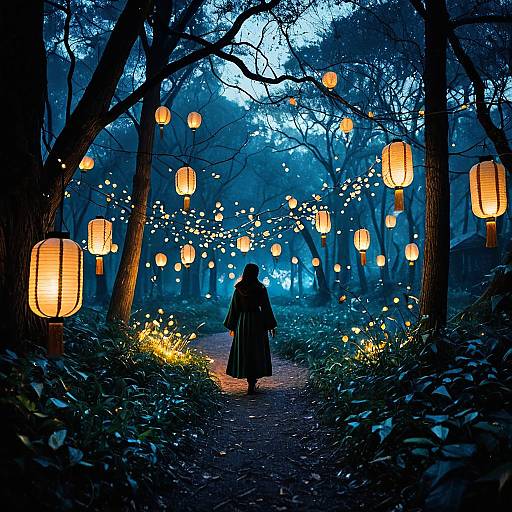 Enchanted lantern-lit forest path at twilight