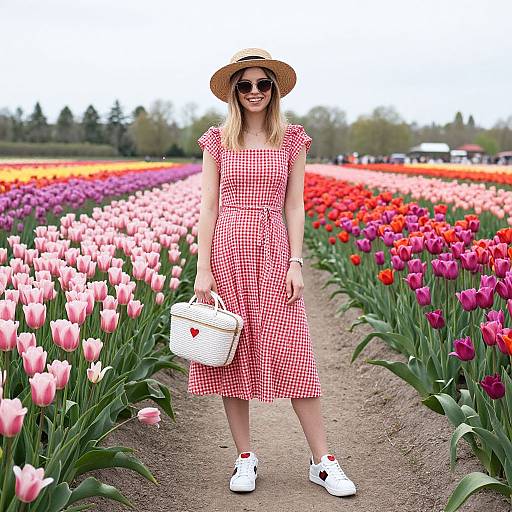 Photograph of a smiling blonde woman in a red gingham dress, straw hat, white sneakers, holding a wicker basket, standing in a vibrant