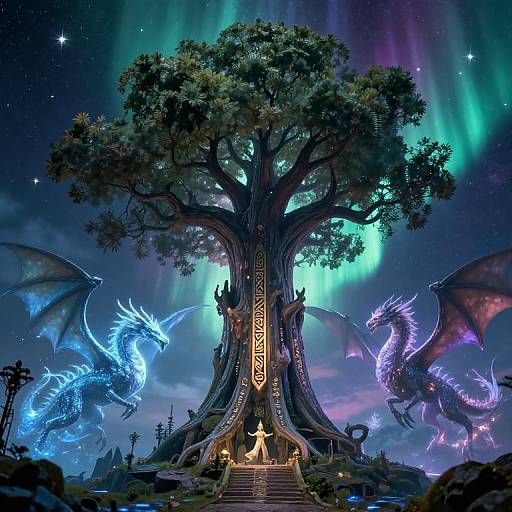 Fantasy digital artwork: Two glowing, ethereal dragons flank a massive, ancient tree with glowing runes, under a vibrant, starry aurora sky