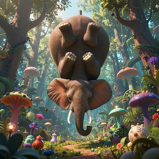 Digital illustration of a whimsical, upside-down, cartoon elephant with large feet and tusks, floating over a vibrant, colorful forest filled with oversized,