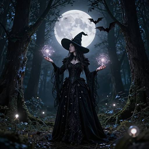 Digital art: Witch in black Victorian dress with wide-brimmed hat, glowing orbs, moonlit forest, bats, and floating lights.