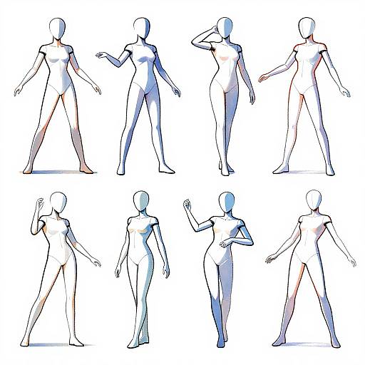 Digital illustration of twelve blue and white silhouette figures in various dynamic poses, showing different walking, gesturing, and standing styles.