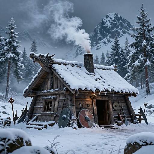 Fantasy Viking Longhouse in Snowy Landscape
