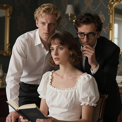 Three People in Vintage Room with Book and Cigarette