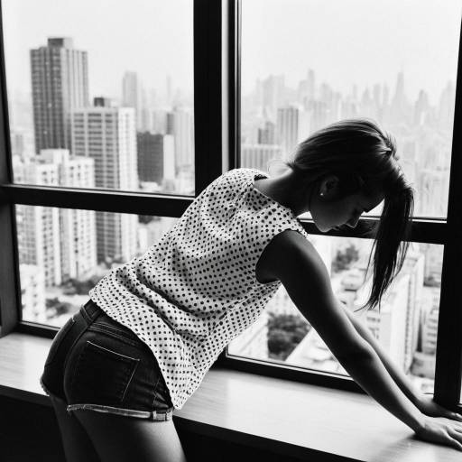 Woman Leaning on Window Sill with City View
