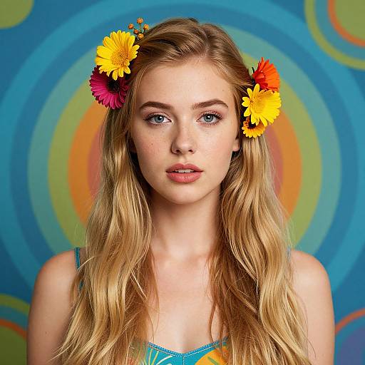 Photograph of a young blonde woman with wavy hair, wearing colorful flower headpieces, blue top, against a vibrant, circular-patterned background.