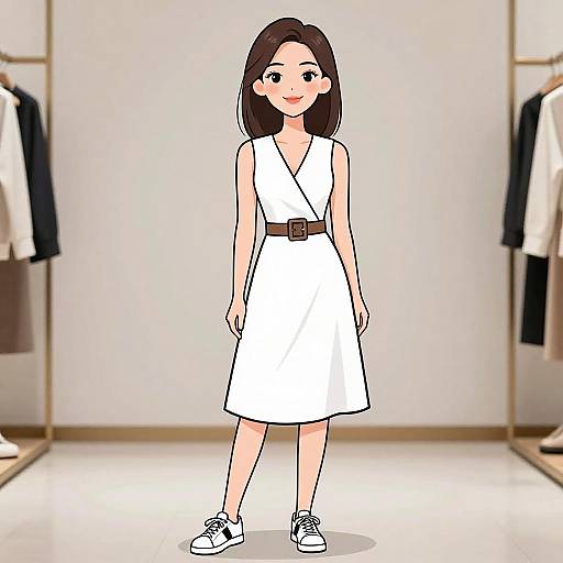Digital drawing of a smiling Asian woman with straight brown hair, wearing a white sleeveless dress with a brown belt, and white sneakers, standing in a