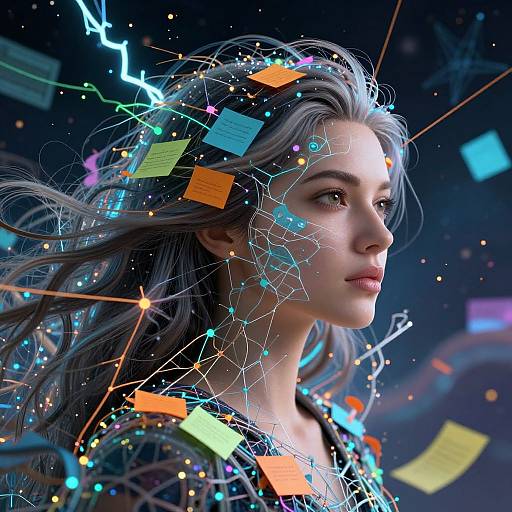 Digital artwork of a silver-haired woman with glowing neon notes and wires in her hair, set against a dark, cosmic background. Her expression is focused and