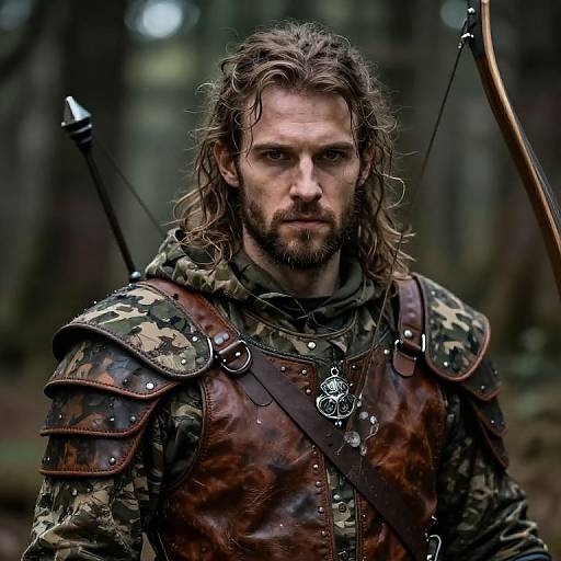 Photograph of a rugged, bearded man with long brown hair, wearing camo armor and brown leather vest, holding a bow in a forest.
