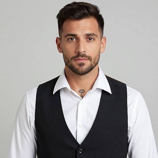 Photograph of a handsome, bearded man with short dark hair, wearing a white shirt and black vest, against a plain white background.