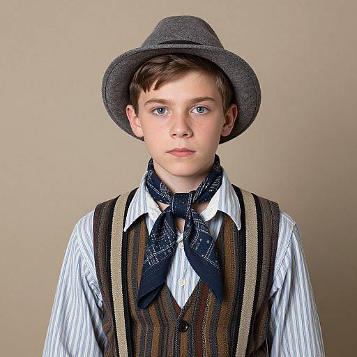 Photograph of young boy with fair skin, brown hair, blue eyes, wearing a gray hat, striped shirt, brown vest, and dark necker