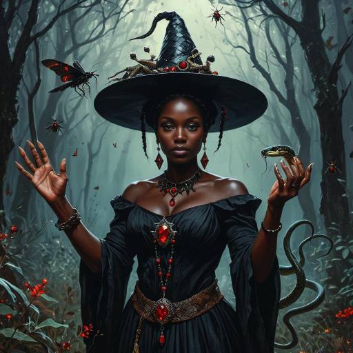 Enchanting Black Witch with Mystical Creatures