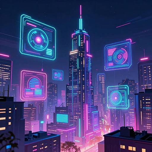 Neon-lit futuristic cityscape at night, featuring glowing blue and pink holographic squares hovering over skyscrapers, with the iconic Empire State Building