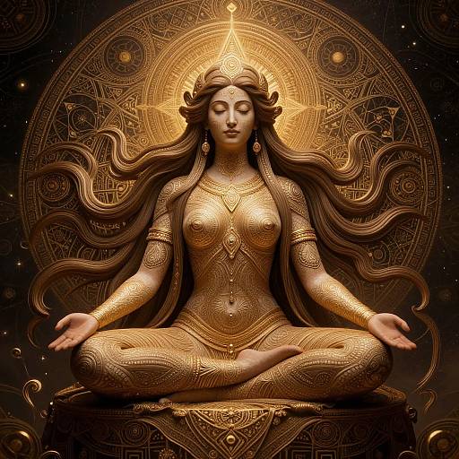 Digital artwork of a golden, meditating goddess with long flowing hair, intricate patterns, and a radiant halo, seated in a lotus position.