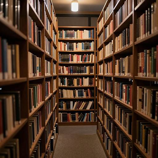 Photograph of a narrow library aisle with tall wooden bookshelves on both sides, filled with colorful books, leading to a brightly lit ceiling in the
