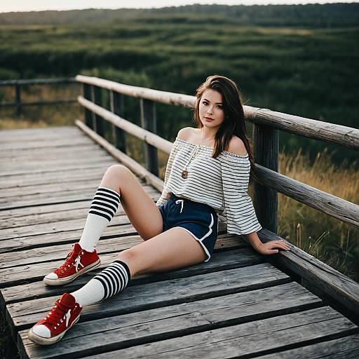 Young Woman Relaxing on Wooden Boardwalk