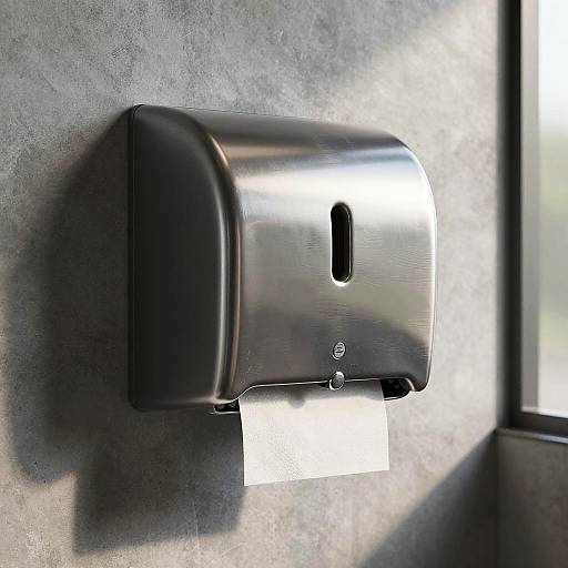 Photograph of a shiny, stainless steel paper towel dispenser with a partially used paper towel, mounted on a textured gray wall near a window.