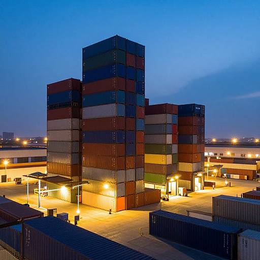 Photograph of a modern, multi-story building made of stacked, colorful metal panels at dusk, illuminated by warm streetlights against a blue sky. Urban