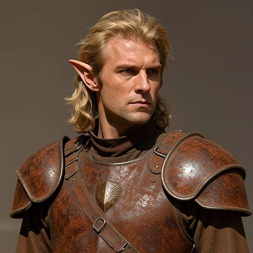 Photorealistic CGI of a blonde, pointy-eared elf with serious expression, wearing shiny, brown, medieval-style armor with a bronze chest plate